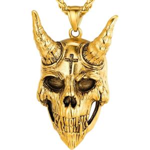 U7 Inverted Cross Necklace, Upside Down Cross Pendant, Stainless Steel Jewelry Devil Necklaces, Baphomet Goat Head Pendant for Men Women(Gothic goat-gold)