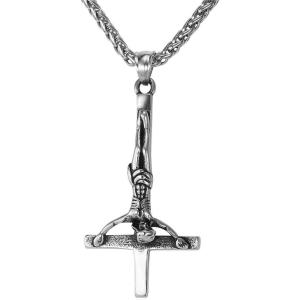 U7 Inverted Cross Necklace, Upside Down Cross Pendant, Stainless Steel Jewelry Devil Necklaces, Baphomet Goat Head Pendant for Men Women(Inverted crucifix cross-stainless(L:24″))