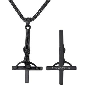 U7 Inverted Cross Necklace, Upside Down Cross Pendant, Stainless Steel Jewelry Devil Necklaces, Baphomet Goat Head Pendant for Men Women(Inverted crucifix cross-black(customized))