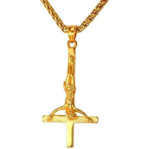 U7 Inverted Cross Necklace, Upside Down Cross Pendant, Stainless Steel Jewelry Devil Necklaces, Baphomet Goat Head Pendant for Men Women(Inverted crucifix cross-gold)