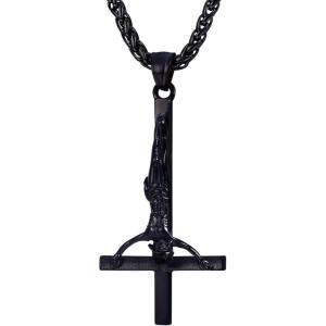 U7 Inverted Cross Necklace, Upside Down Cross Pendant, Stainless Steel Jewelry Devil Necklaces, Baphomet Goat Head Pendant for Men Women(Inverted crucifix cross-black)