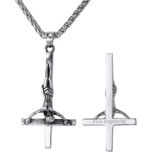 U7 Inverted Cross Necklace, Upside Down Cross Pendant, Stainless Steel Jewelry Devil Necklaces, Baphomet Goat Head Pendant for Men Women(Inverted crucifix cross-stainless(customized))