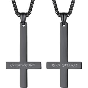 U7 Inverted Cross Necklace, Upside Down Cross Pendant, Stainless Steel Jewelry Devil Necklaces, Baphomet Goat Head Pendant for Men Women(Upside down cross-black(customized))