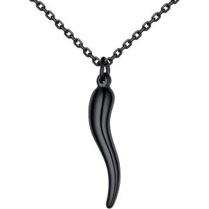 U7 Italian Horn Necklace for Men Women,Stainless Steel/Black/Gold Horn Necklace,Lucky Amulet Cornicello Pendant(3.Black)