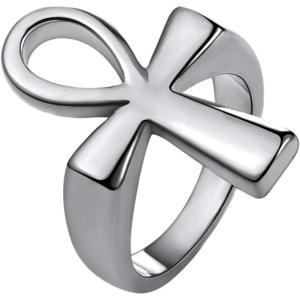 U7 Jewelry Ankh Rings Ancient Egyptian Eye of Ra Horus Ring Stainless Steel/Gold Plated/Black Color Egypt Symbol Rings for Men Women(01-Ankh Cross-Steel)