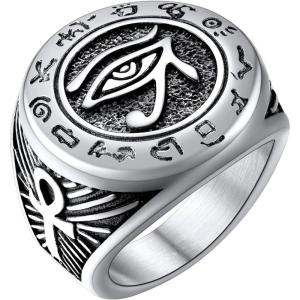U7 Jewelry Ankh Rings Ancient Egyptian Eye of Ra Horus Ring Stainless Steel/Gold Plated/Black Color Egypt Symbol Rings for Men Women(04-Round-Steel)