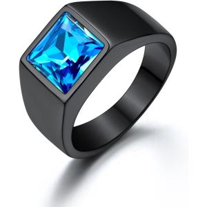 U7 Jewelry Fashion Black Onyx/Blue Gemstone Ring for Men Women, Stainless Steel Square Signet Rings Thumb Ring Band for Dad Father, Gothic Skull Rings with Birthstone, Size 7-14, Anillos De Hombre(8mm Blue Stone-Black)