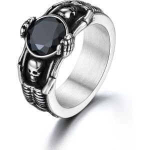 U7 Jewelry Fashion Black Onyx/Blue Gemstone Ring for Men Women, Stainless Steel Square Signet Rings Thumb Ring Band for Dad Father, Gothic Skull Rings with Birthstone, Size 7-14, Anillos De Hombre(Skull w Black Onyx Stone-Stainless Steel)