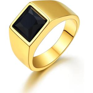 U7 Jewelry Fashion Black Onyx/Blue Gemstone Ring for Men Women, Stainless Steel Square Signet Rings Thumb Ring Band for Dad Father, Gothic Skull Rings with Birthstone, Size 7-14, Anillos De Hombre(8mm Black Onyx-Gold)