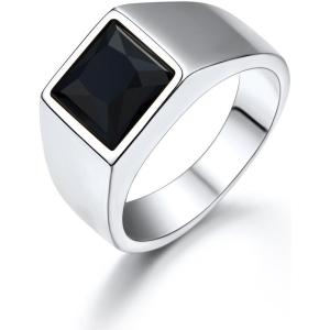 U7 Jewelry Fashion Black Onyx/Blue Gemstone Ring for Men Women, Stainless Steel Square Signet Rings Thumb Ring Band for Dad Father, Gothic Skull Rings with Birthstone, Size 7-14, Anillos De Hombre(8mm Black Onyx-Stainless Steel)