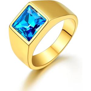 U7 Jewelry Fashion Black Onyx/Blue Gemstone Ring for Men Women, Stainless Steel Square Signet Rings Thumb Ring Band for Dad Father, Gothic Skull Rings with Birthstone, Size 7-14, Anillos De Hombre(8mm Blue Stone-Gold)