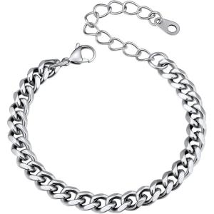 U7 Link Bracelets for Men, Cuban Link/Rope/Watch Band Solid Bracelet, Silver Black Gold Color Wrist Bracelet 3/6/9/12/15mm Width, 6.5/7.5/8.3 Inch Length, Hand Chain Jewelry for Mens Women(c. Cuban 6mm-Silver)