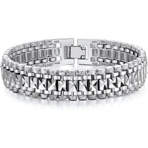 U7 Link Bracelets for Men, Cuban Link/Rope/Watch Band Solid Bracelet, Silver Black Gold Color Wrist Bracelet 3/6/9/12/15mm Width, 6.5/7.5/8.3 Inch Length, Hand Chain Jewelry for Mens Women(a. Solid 12mm-Silver)