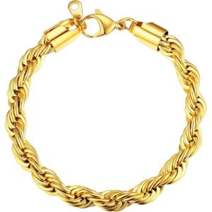 U7 Link Bracelets for Men, Cuban Link/Rope/Watch Band Solid Bracelet, Silver Black Gold Color Wrist Bracelet 3/6/9/12/15mm Width, 6.5/7.5/8.3 Inch Length, Hand Chain Jewelry for Mens Women(d. Rope Chain 9mm-Gold)