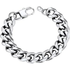 U7 Link Bracelets for Men, Cuban Link/Rope/Watch Band Solid Bracelet, Silver Black Gold Color Wrist Bracelet 3/6/9/12/15mm Width, 6.5/7.5/8.3 Inch Length, Hand Chain Jewelry for Mens Women(c. Cuban 12mm-Silver)