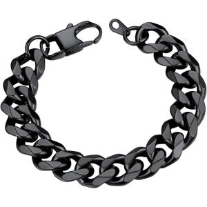 U7 Link Bracelets for Men, Cuban Link/Rope/Watch Band Solid Bracelet, Silver Black Gold Color Wrist Bracelet 3/6/9/12/15mm Width, 6.5/7.5/8.3 Inch Length, Hand Chain Jewelry for Mens Women(c. Cuban 12mm-Black)