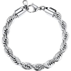 U7 Link Bracelets for Men, Cuban Link/Rope/Watch Band Solid Bracelet, Silver Black Gold Color Wrist Bracelet 3/6/9/12/15mm Width, 6.5/7.5/8.3 Inch Length, Hand Chain Jewelry for Mens Women(d. Rope Chain 9mm-Silver)
