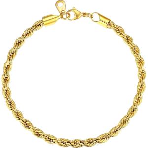 U7 Link Bracelets for Men, Cuban Link/Rope/Watch Band Solid Bracelet, Silver Black Gold Color Wrist Bracelet 3/6/9/12/15mm Width, 6.5/7.5/8.3 Inch Length, Hand Chain Jewelry for Mens Women(d. Rope Chain 3mm-Gold)