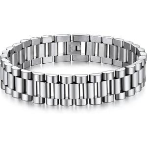 U7 Link Bracelets for Men, Cuban Link/Rope/Watch Band Solid Bracelet, Silver Black Gold Color Wrist Bracelet 3/6/9/12/15mm Width, 6.5/7.5/8.3 Inch Length, Hand Chain Jewelry for Mens Women(b. Band 15mm-Silver)