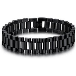 U7 Link Bracelets for Men, Cuban Link/Rope/Watch Band Solid Bracelet, Silver Black Gold Color Wrist Bracelet 3/6/9/12/15mm Width, 6.5/7.5/8.3 Inch Length, Hand Chain Jewelry for Mens Women(b. Band 15mm-Black)