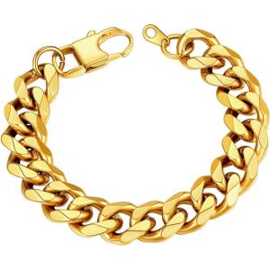U7 Link Bracelets for Men, Cuban Link/Rope/Watch Band Solid Bracelet, Silver Black Gold Color Wrist Bracelet 3/6/9/12/15mm Width, 6.5/7.5/8.3 Inch Length, Hand Chain Jewelry for Mens Women(c. Cuban 12mm-Gold)