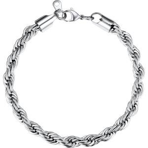 U7 Link Bracelets for Men, Cuban Link/Rope/Watch Band Solid Bracelet, Silver Black Gold Color Wrist Bracelet 3/6/9/12/15mm Width, 6.5/7.5/8.3 Inch Length, Hand Chain Jewelry for Mens Women(d. Rope Chain 6mm-Silver)