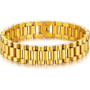 U7 Link Bracelets for Men, Cuban Link/Rope/Watch Band Solid Bracelet, Silver Black Gold Color Wrist Bracelet 3/6/9/12/15mm Width, 6.5/7.5/8.3 Inch Length, Hand Chain Jewelry for Mens Women(b. Band 15mm-Gold)