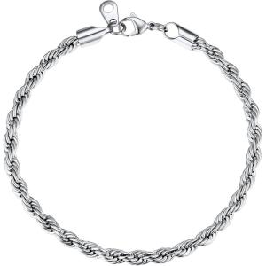 U7 Link Bracelets for Men, Cuban Link/Rope/Watch Band Solid Bracelet, Silver Black Gold Color Wrist Bracelet 3/6/9/12/15mm Width, 6.5/7.5/8.3 Inch Length, Hand Chain Jewelry for Mens Women(d. Rope Chain 3mm-Silver)