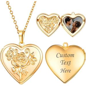 U7 Locket Necklace for Women, Silver/Gold/Rose Gold Custom Photo Text Necklaces, Flower Heart/Round Shape Personalized Picture Pendant Necklace 18 Inch(01-Gold Flower Heart)