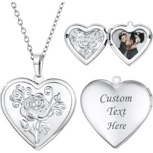U7 Locket Necklace for Women, Silver/Gold/Rose Gold Custom Photo Text Necklaces, Flower Heart/Round Shape Personalized Picture Pendant Necklace 18 Inch(01-Platinum Flower Heart)