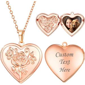 U7 Locket Necklace for Women, Silver/Gold/Rose Gold Custom Photo Text Necklaces, Flower Heart/Round Shape Personalized Picture Pendant Necklace 18 Inch(01-Rose Gold Flower Heart)