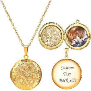U7 Locket Necklace for Women, Silver/Gold/Rose Gold Custom Photo Text Necklaces, Flower Heart/Round Shape Personalized Picture Pendant Necklace 18 Inch(02-Gold Round Locket)