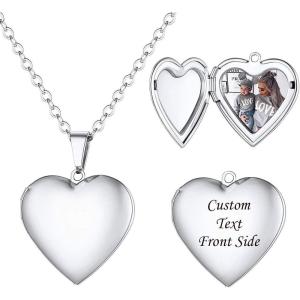 U7 Locket Necklace for Women, Silver/Gold/Rose Gold Custom Photo Text Necklaces, Flower Heart/Round Shape Personalized Picture Pendant Necklace 18 Inch(03-Polished Stainless)