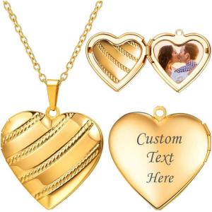 U7 Locket Necklace for Women, Silver/Gold/Rose Gold Custom Photo Text Necklaces, Flower Heart/Round Shape Personalized Picture Pendant Necklace 18 Inch(05-Gold Stripe)