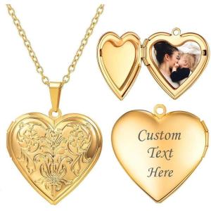 U7 Locket Necklace for Women, Silver/Gold/Rose Gold Custom Photo Text Necklaces, Flower Heart/Round Shape Personalized Picture Pendant Necklace 18 Inch(06-Gold Flower)