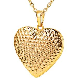 U7 Locket Necklace for Women, Silver/Gold/Rose Gold Custom Photo Text Necklaces, Flower Heart/Round Shape Personalized Picture Pendant Necklace 18 Inch(07-Gold Dot)