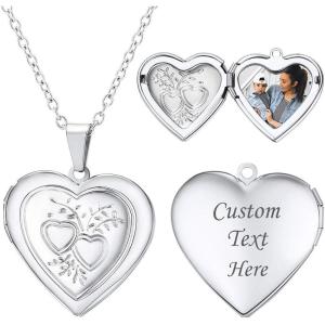 U7 Locket Necklace for Women, Silver/Gold/Rose Gold Custom Photo Text Necklaces, Flower Heart/Round Shape Personalized Picture Pendant Necklace 18 Inch(09-Platinum Double Heart)