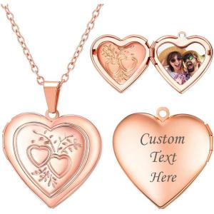 U7 Locket Necklace for Women, Silver/Gold/Rose Gold Custom Photo Text Necklaces, Flower Heart/Round Shape Personalized Picture Pendant Necklace 18 Inch(09-Rose Gold Double Heart)