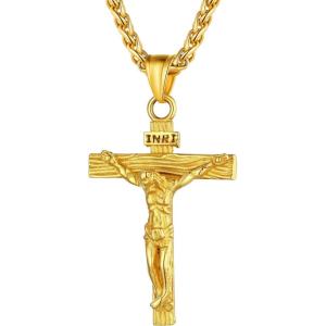 U7 Men Crucifix Cross Pendant with Chain Baptism Christian Jewelry Stainless Steel/18K Gold Antique Jesus Necklace, Gift Packed,Length 22″(01. Gold)