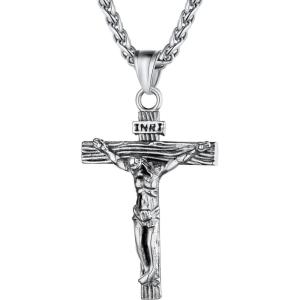 U7 Men Crucifix Cross Pendant with Chain Baptism Christian Jewelry Stainless Steel/18K Gold Antique Jesus Necklace, Gift Packed,Length 22″(02. Stainless)