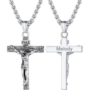 U7 Men Crucifix Cross Pendant with Chain Baptism Christian Jewelry Stainless Steel/18K Gold Antique Jesus Necklace, Gift Packed,Length 22″(08. Stainless – Custom)