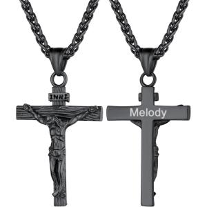 U7 Men Crucifix Cross Pendant with Chain Baptism Christian Jewelry Stainless Steel/18K Gold Antique Jesus Necklace, Gift Packed,Length 22″(09. Black – Custom)