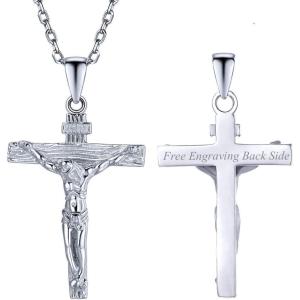 U7 Men Crucifix Cross Pendant with Chain Baptism Christian Jewelry Stainless Steel/18K Gold Antique Jesus Necklace, Gift Packed,Length 22″(10. Sterling Silver – Custom)