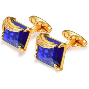 U7 Men Cufflinks for Wedding Christmas Business Platinum or 18K Gold Plated Crystal Fancy Stone Cuff Links, Custom Photo Cufflinks,Gift Packed(Blue & Gold)