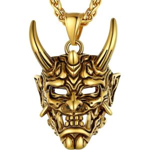 U7 Men Pendant Necklaces, Stainless Steel Necklace for Men, Cool Guitar Pick Skull/Alligator Dinosaur Skeleton Tyrannosaurus Rex/Gothic Skull/Octopus/Evil Demon Hannya Mask Pendant with Chain(Gold)