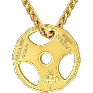 U7 Men Women Fitness Dumbbell Necklace Stainless Steel Weight Plate Barbell Chain Pendant Necklace,Chain 22″+2″ Extender, with Gift Box(A.Weight Plate Gold)