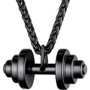 U7 Men Women Fitness Dumbbell Necklace Stainless Steel Weight Plate Barbell Chain Pendant Necklace,Chain 22″+2″ Extender, with Gift Box(B.Barbbell Black)
