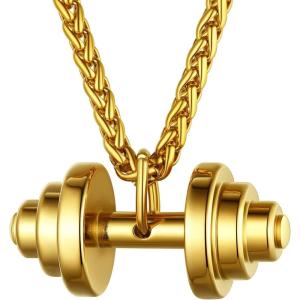 U7 Men Women Fitness Dumbbell Necklace Stainless Steel Weight Plate Barbell Chain Pendant Necklace,Chain 22″+2″ Extender, with Gift Box(B.Barbbell Gold)