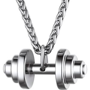 U7 Men Women Fitness Dumbbell Necklace Stainless Steel Weight Plate Barbell Chain Pendant Necklace,Chain 22″+2″ Extender, with Gift Box(B.Barbbell Stainless)