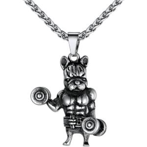 U7 Men Women Fitness Dumbbell Necklace Stainless Steel Weight Plate Barbell Chain Pendant Necklace,Chain 22″+2″ Extender, with Gift Box(E.Sport Bulldog Stainless)